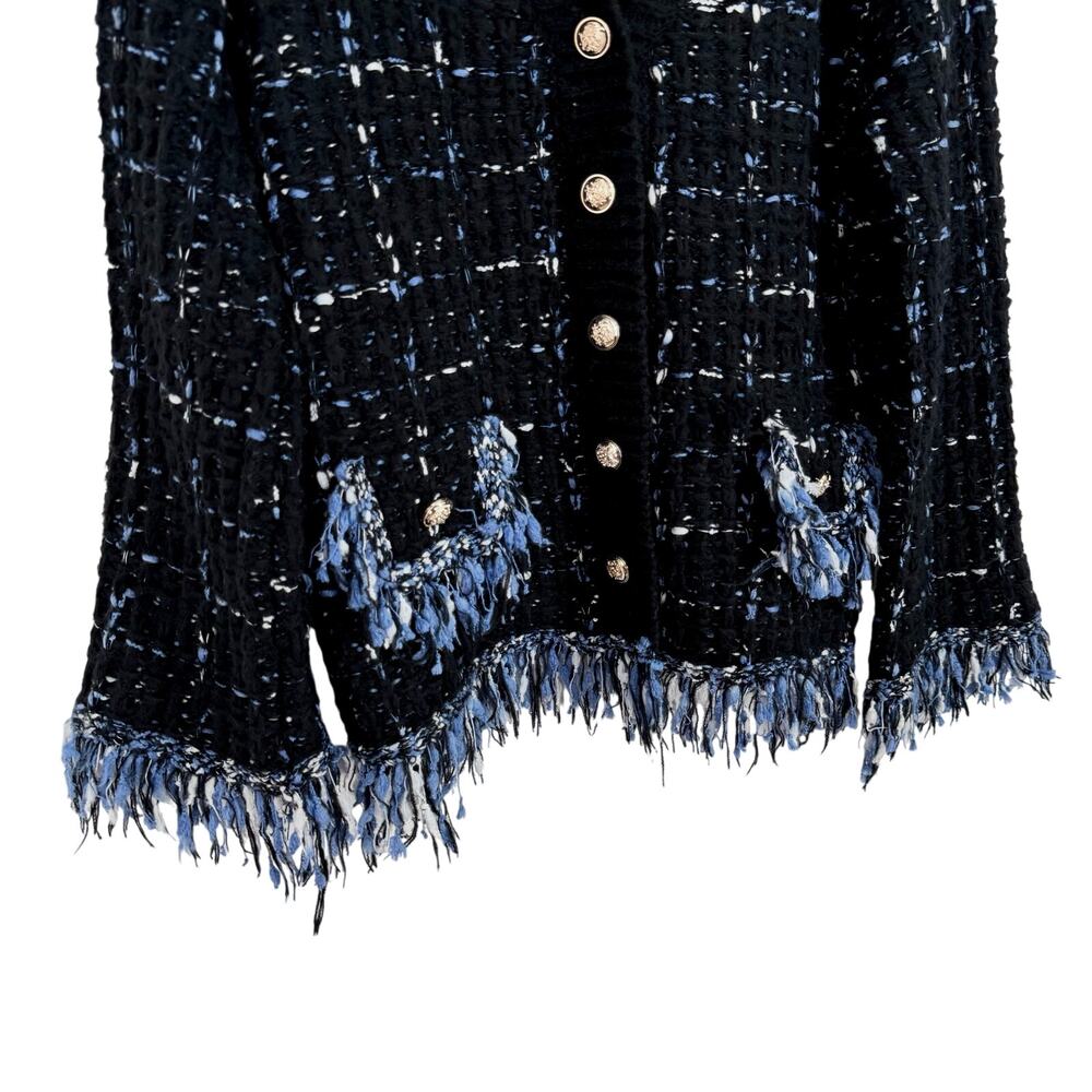 NEW NWT Creation Sz XL Navy Blue Tweed Fringe Cardigan Sweater Top Christmas - Picture 7 of 10